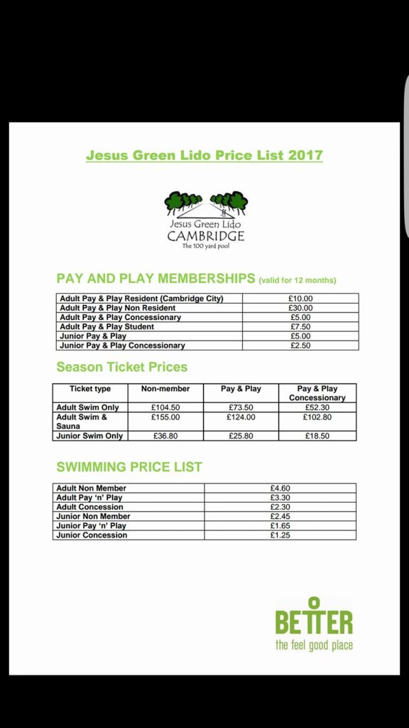 Jesus Green Pool Entry Prices
